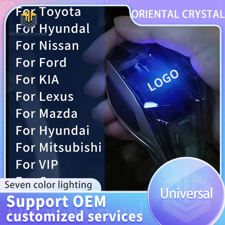 LED crystal illuminated gear shift knob glowing in a car interior
