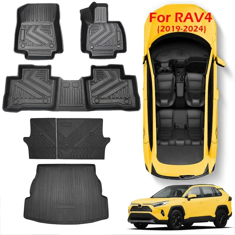 Custom-fit TPE all-weather floor mats protecting a car interior