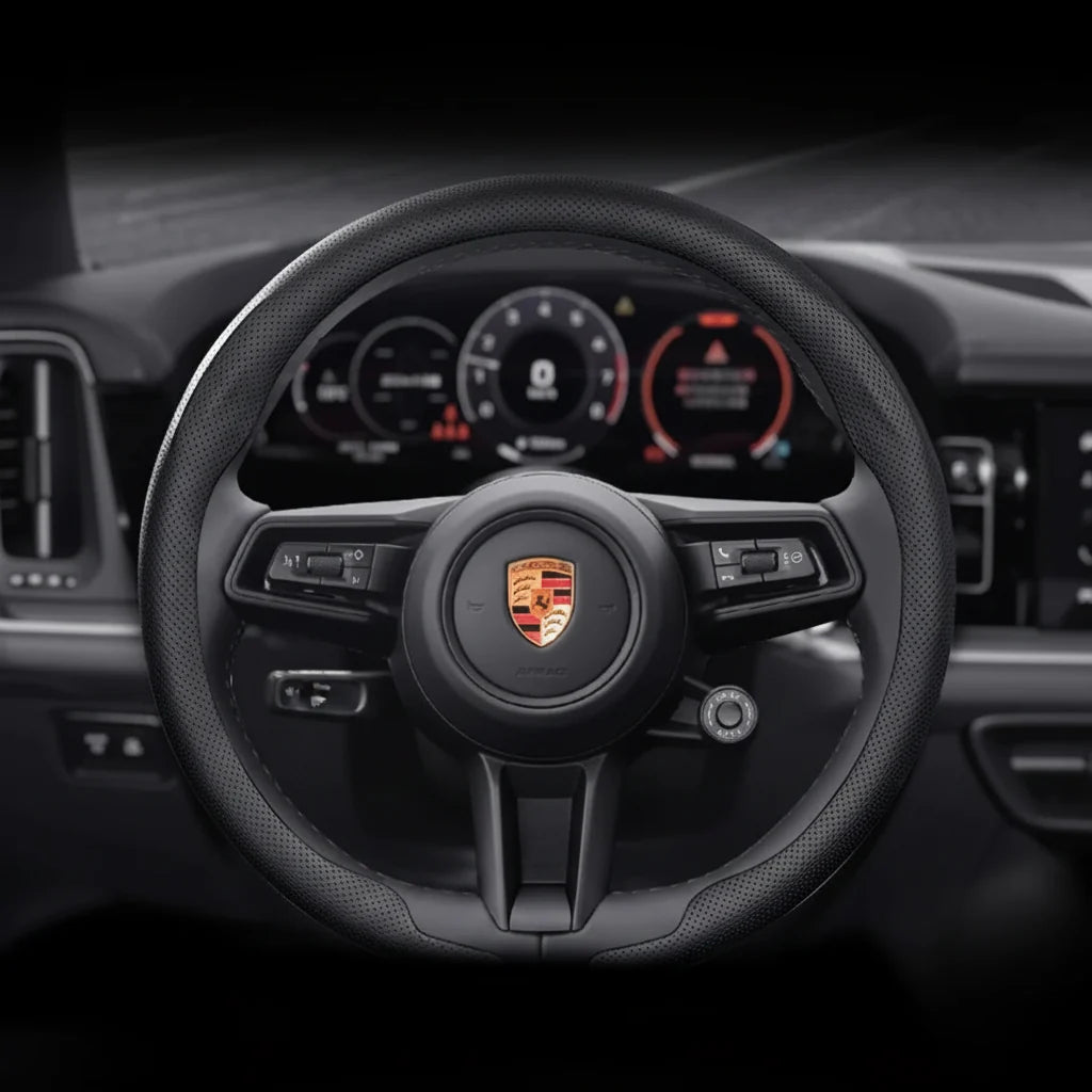 Porsche Nappa leather steering wheel cover, part of CarMoods' exotic and supercar brand accessories range