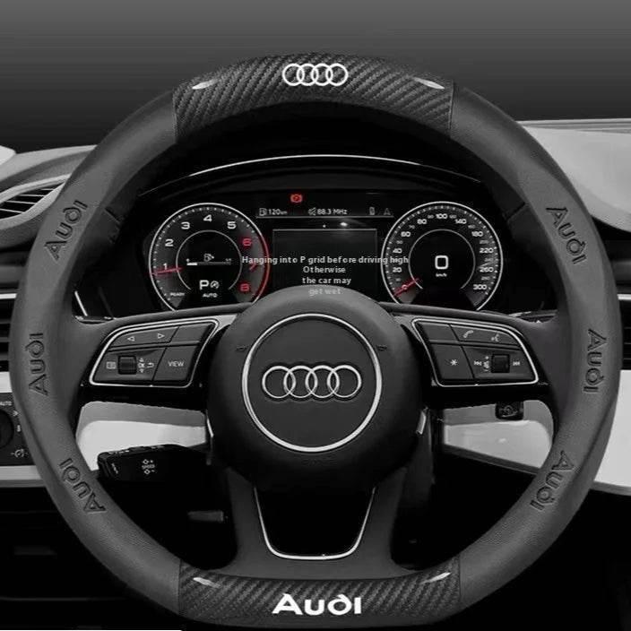 Audi carbon fibre leather steering wheel cover fitted to an A-series wheel