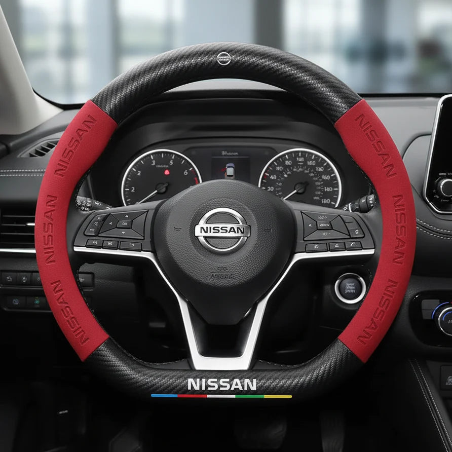 Nissan carbon fibre suede steering wheel cover fitted to a Nissan Qashqai steering wheel