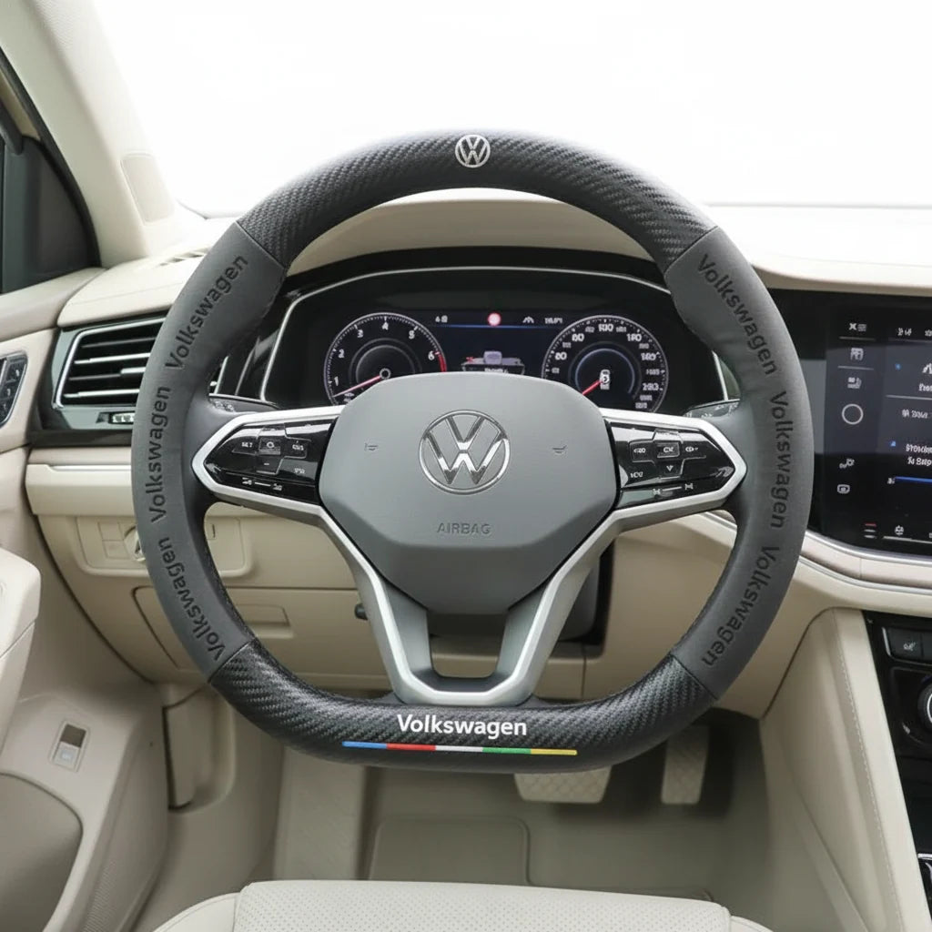 Volkswagen leather steering wheel cover fitted to a VW steering wheel