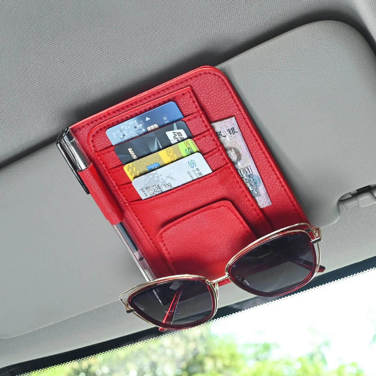 Multi-pocket sun visor organiser holding cards, glasses and essentials