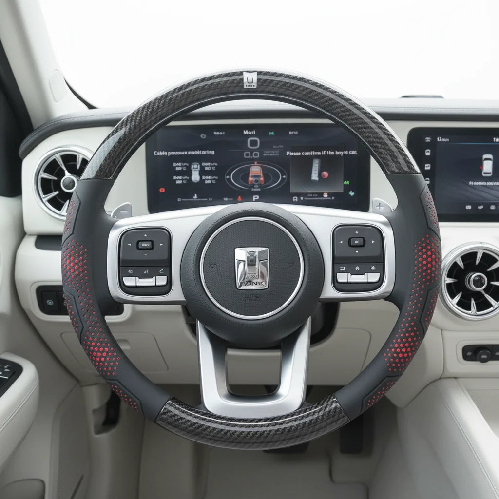 GWM Tank carbon fibre steering wheel cover fitted in a Tank cabin