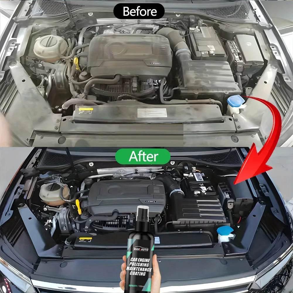 Car engine bay cleaner and restorer spray for a back-to-black underbonnet finish