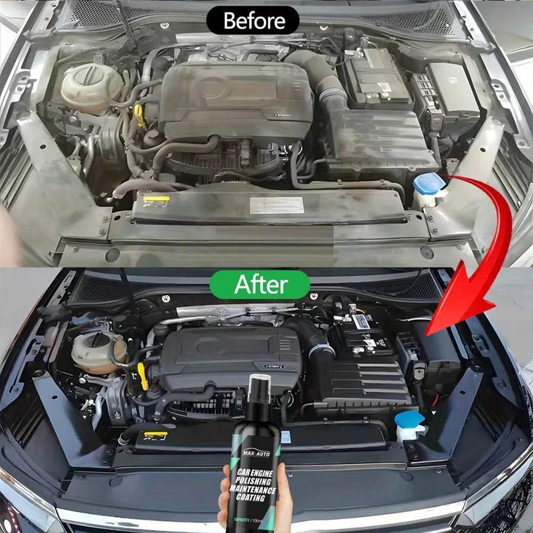 Car engine bay cleaner and restorer spray for a back-to-black underbonnet finish