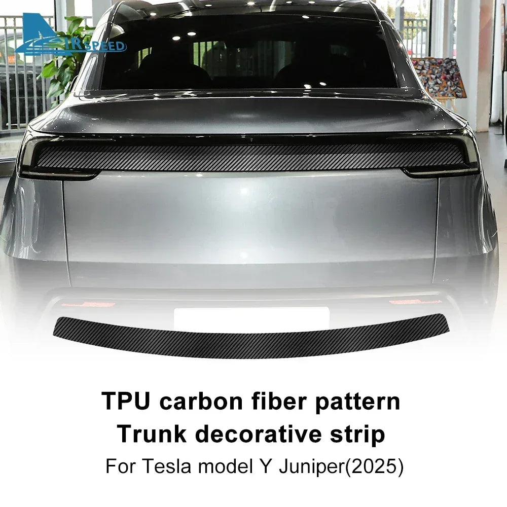Carbon fibre paint protection film applied to the trunk and pillar of a Tesla Model Y as part of a full exterior protection kit