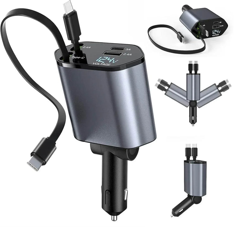 120W fast car charger with retractable cable and dual USB-C ports