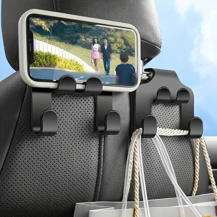Car headrest hook with phone holder mounted on rear seat post