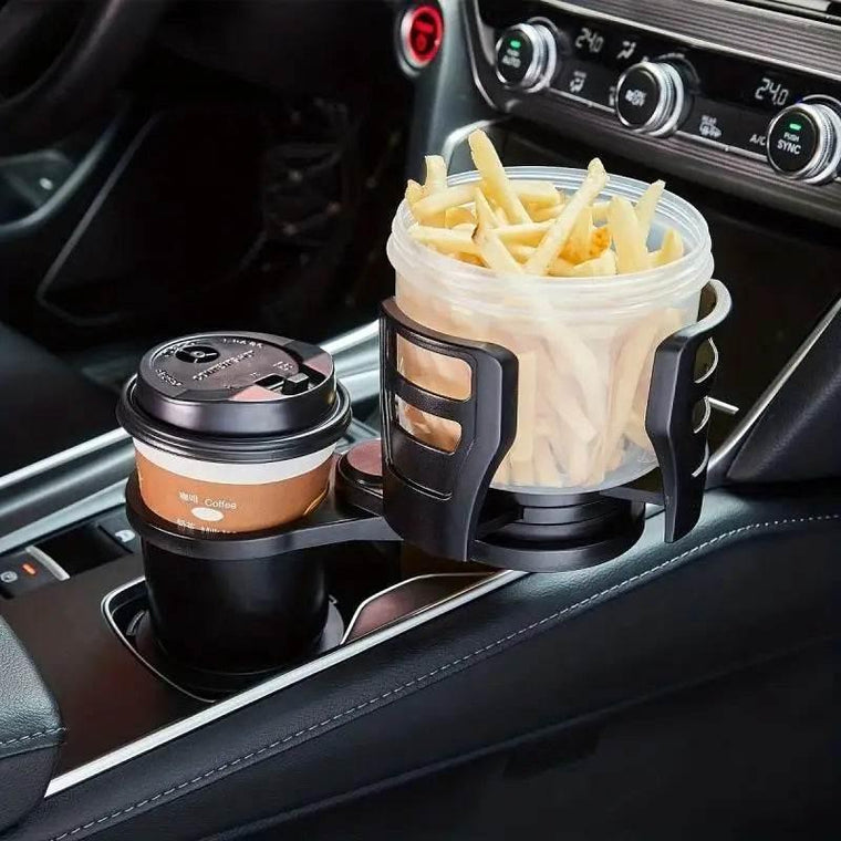 Expandable car cup holder accessory holding two drinks