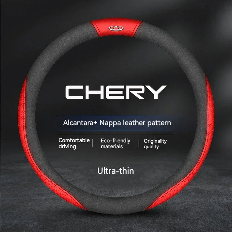 Chery suede leather steering wheel cover fitted to a small SUV interior