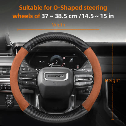 GMC Suede Carbon Fibre Steering Wheel Cover - Round Shape / M / Brown