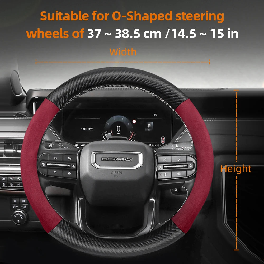 GMC Suede Carbon Fibre Steering Wheel Cover - Round Shape / M / Red