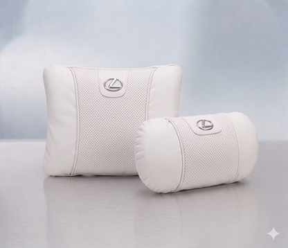 Lexus Car Neck Pillow & Lumbar Support Cushion - Set White