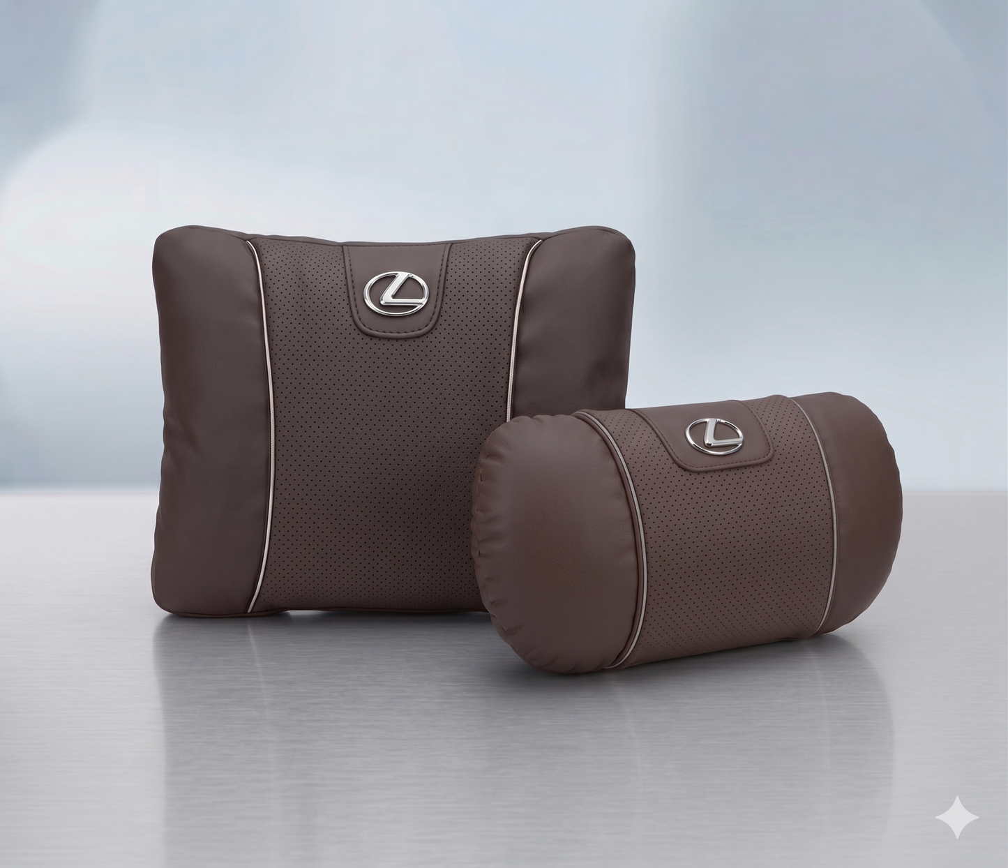 Lexus Car Neck Pillow & Lumbar Support Cushion - Set Brown