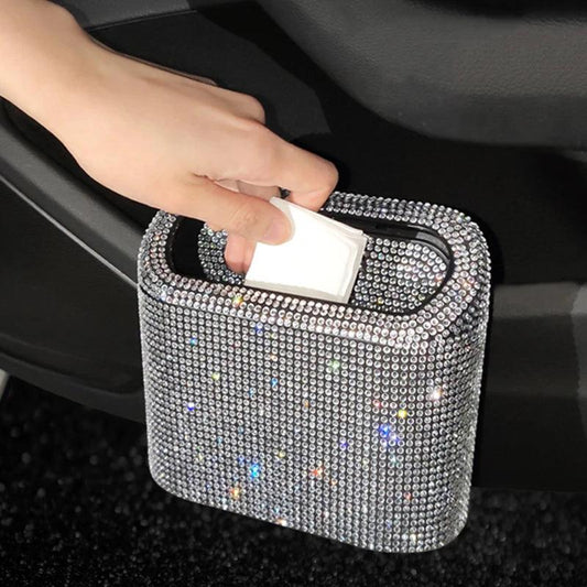 Diamond Crystal Car Trash Can with Lid - Leakproof Vehicle Bin