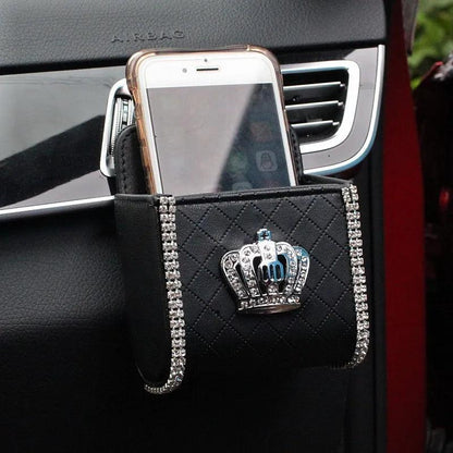 Rattrekk i PU-skinn Bling Rhinestone Krystall Krone Svart
