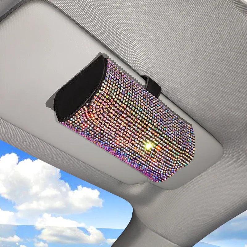 Rhinestone Car Sun Visor Glasses Holder - Crystal Organizer Box