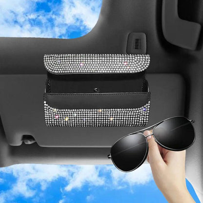 Rhinestone Car Sun Visor Glasses Holder - Crystal Organizer Box