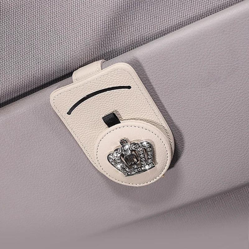 Genuine Leather Car Sun Visor Sunglasses Holder with Card Clamp