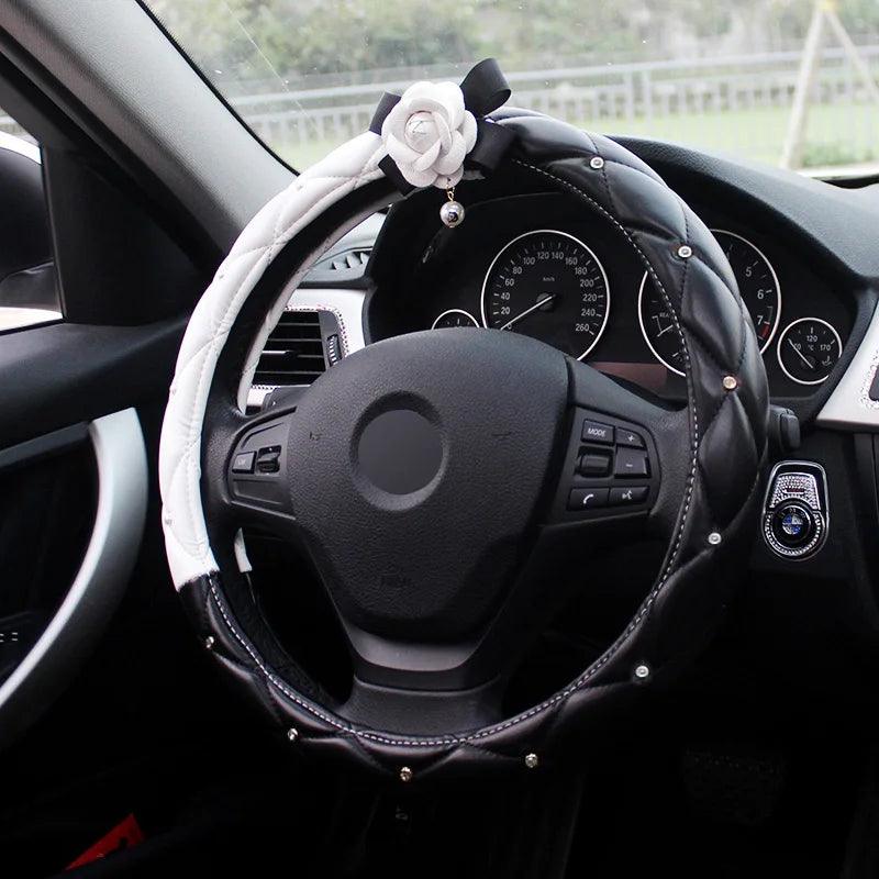 Crystal Rhinestone Leather Steering Wheel Cover Cartoon Flower Design