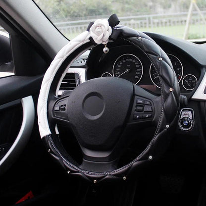 Crystal Rhinestone Leather Steering Wheel Cover Cartoon Flower Design