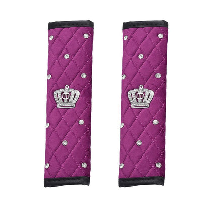 Bling Rhinestone Crown Car Seat Belt Covers - Black Pink Crystal Plush