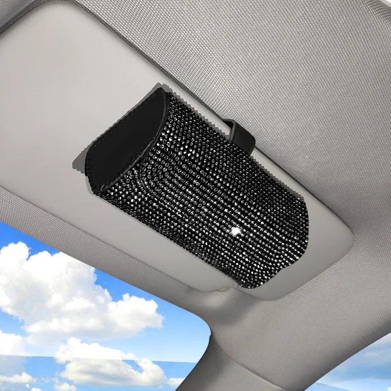 Rhinestone Car Sun Visor Glasses Holder - Crystal Organizer Box