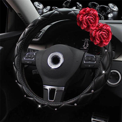Crystal Rhinestone Leather Steering Wheel Cover Cartoon Flower Design