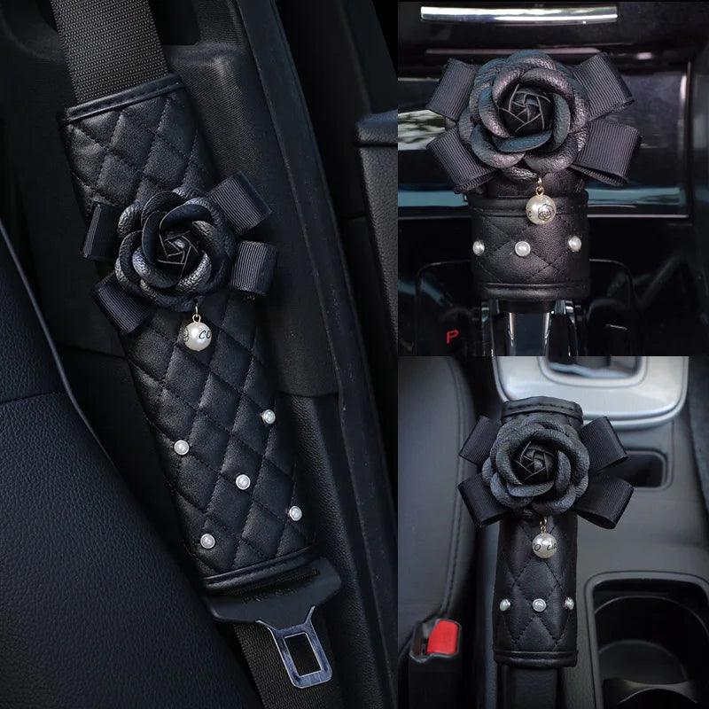 Pearl Camellia Flower Car Seat Belt Shoulder Pad Cover Women Auto