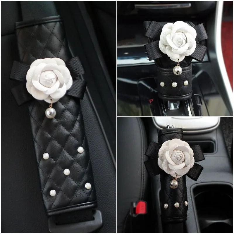 Pearl Camellia Flower Car Seat Belt Shoulder Pad Cover Women Auto