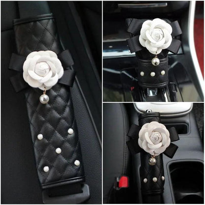 Pearl Camellia Flower Car Seat Belt Shoulder Pad Cover Women Auto