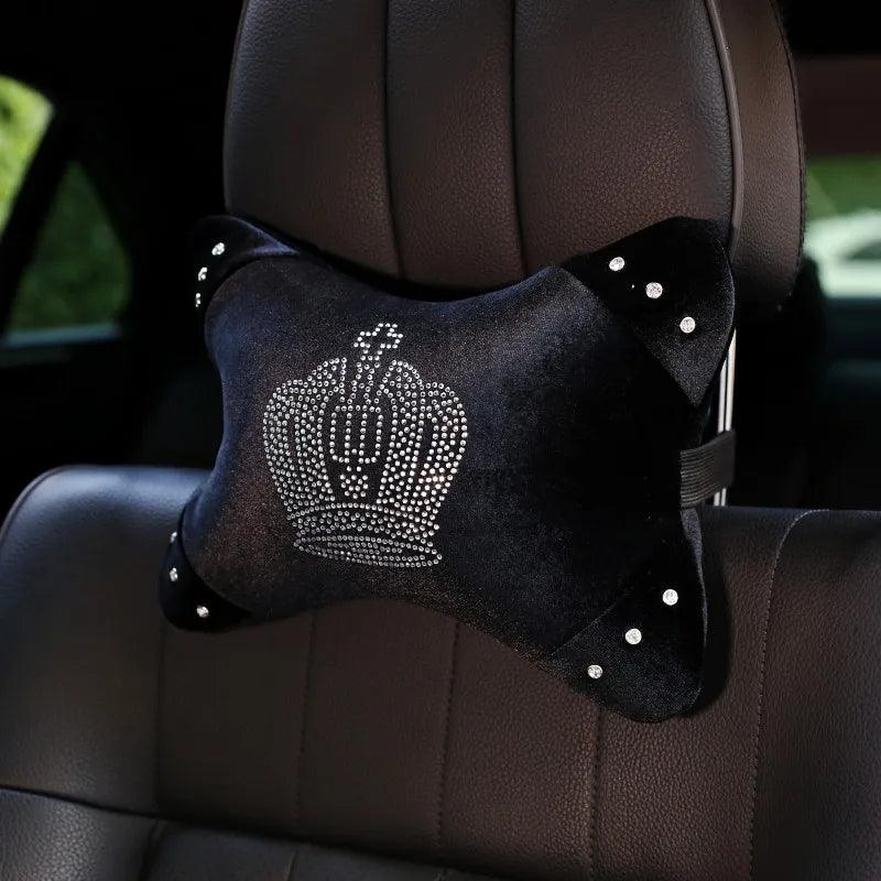 Black Plush Fur Diamond Crystal Crown Car Interior Accessory Set