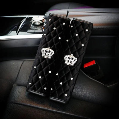 Black Plush Fur Diamond Crystal Crown Car Interior Accessory Set