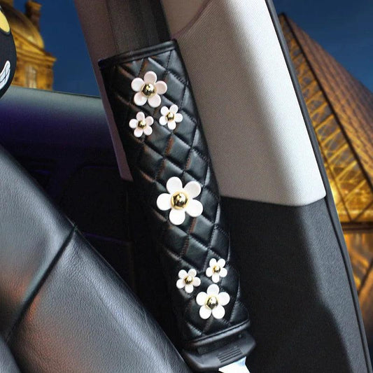 Daisy Flower Leather Car Seat Belt Handbrake Gear Shift Cover Set