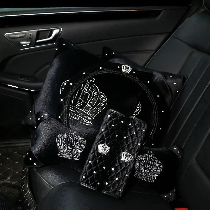Black Plush Fur Diamond Crystal Crown Car Interior Accessory Set