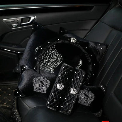 Black Plush Fur Diamond Crystal Crown Car Interior Accessory Set