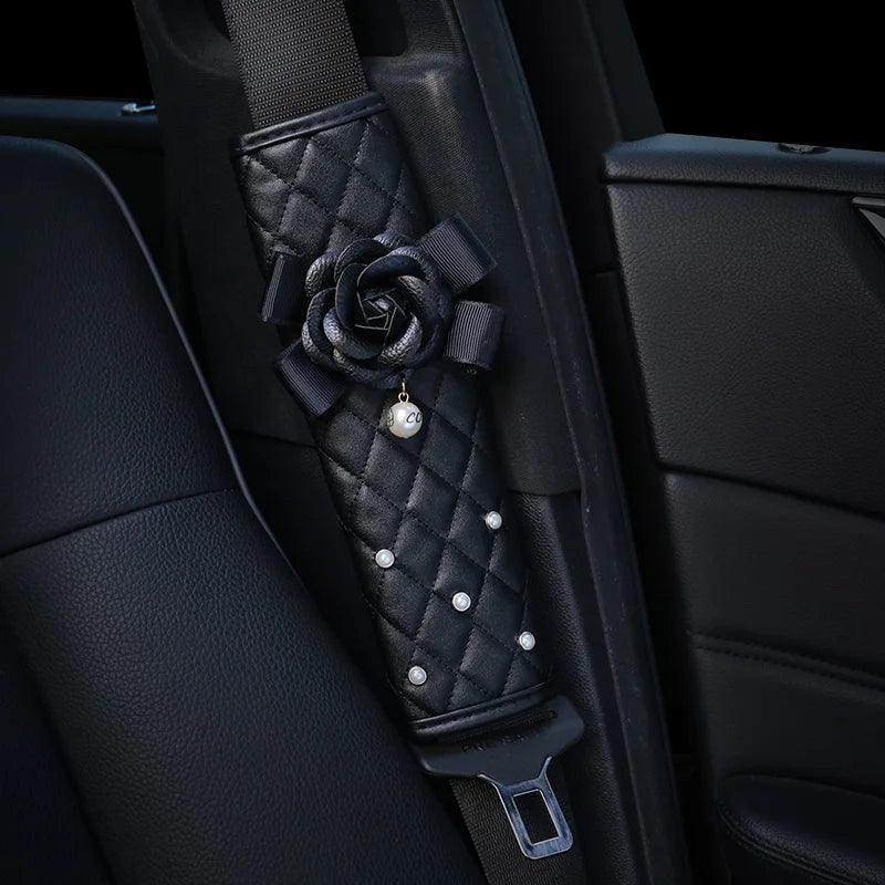 Pearl Camellia Flower Car Seat Belt Shoulder Pad Cover Women Auto