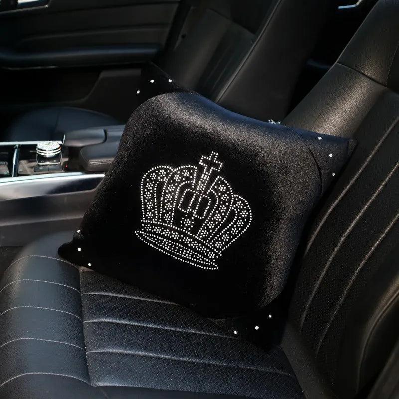 Black Plush Fur Diamond Crystal Crown Car Interior Accessory Set