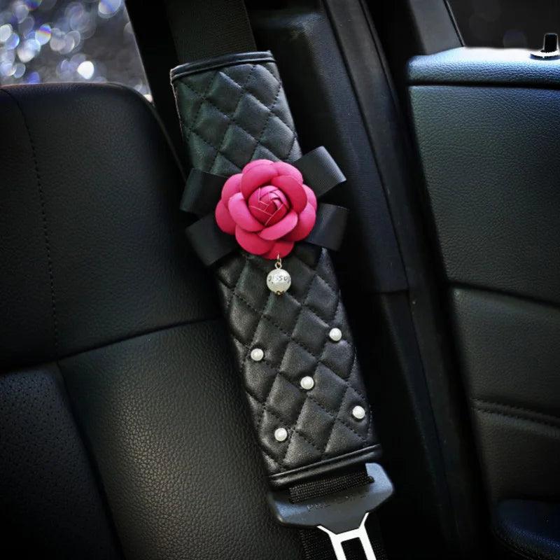 Pearl Camellia Flower Car Seat Belt Shoulder Pad Cover Women Auto