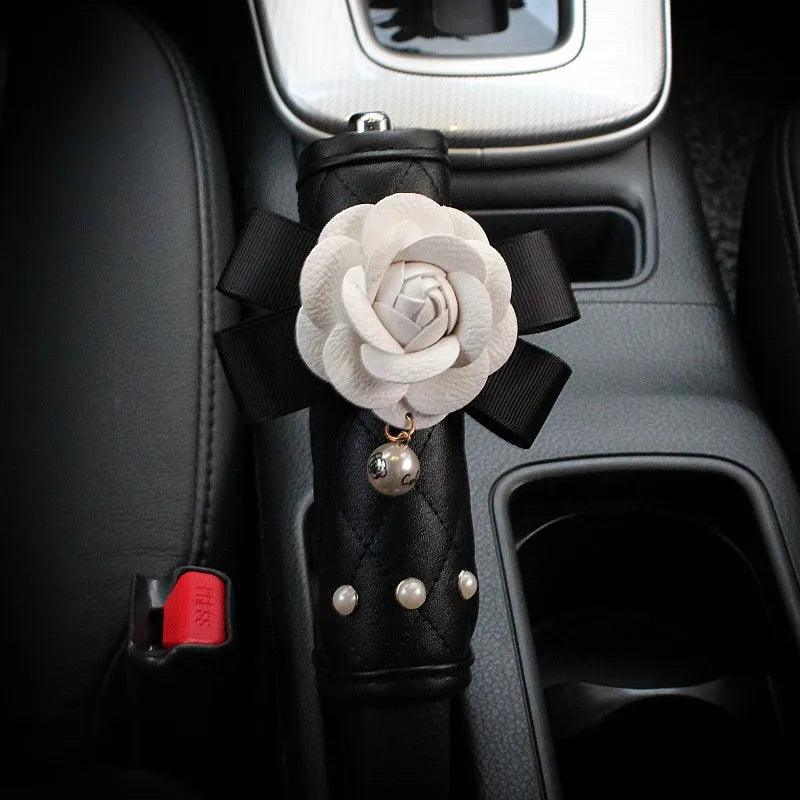 Pearl Camellia Flower Car Seat Belt Shoulder Pad Cover Women Auto