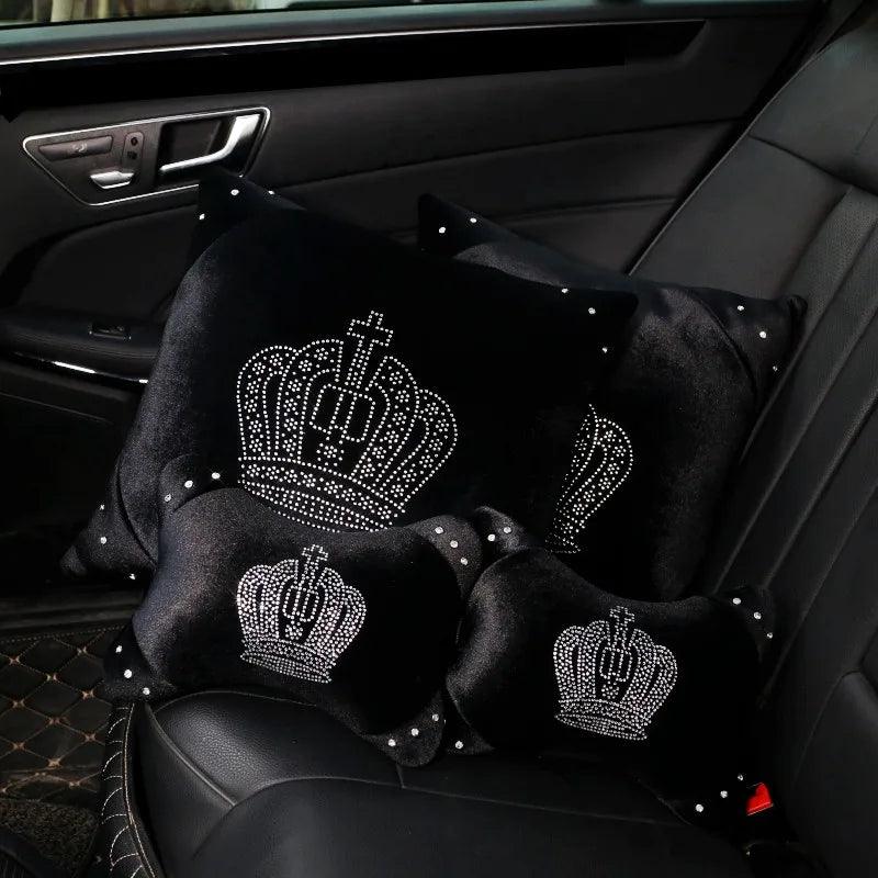 Black Plush Fur Diamond Crystal Crown Car Interior Accessory Set