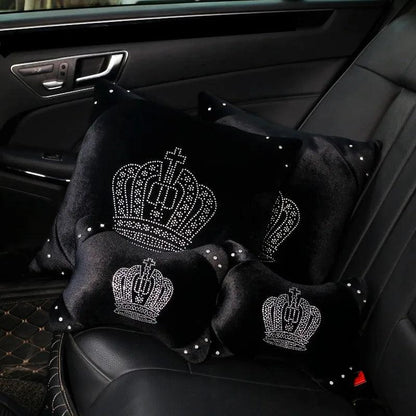 Black Plush Fur Diamond Crystal Crown Car Interior Accessory Set