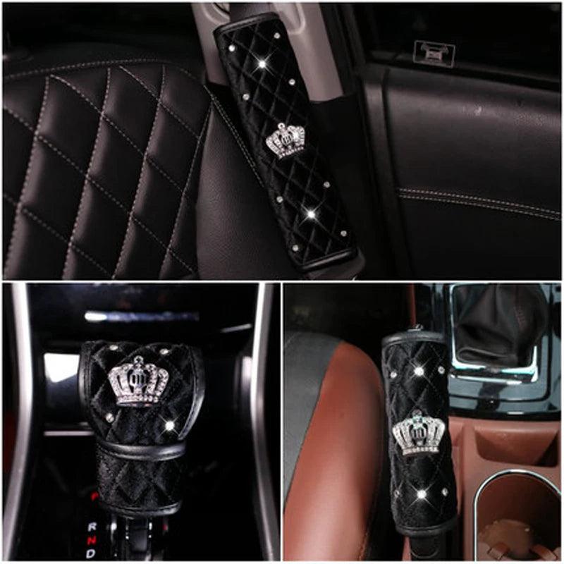 Black Plush Fur Diamond Crystal Crown Car Interior Accessory Set