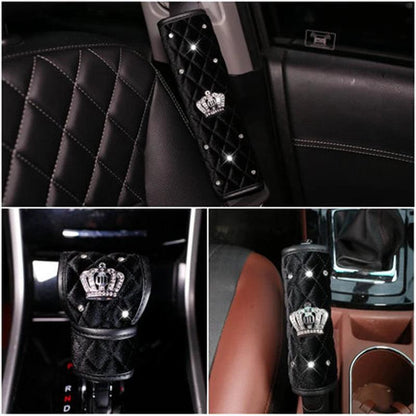 Black Plush Fur Diamond Crystal Crown Car Interior Accessory Set