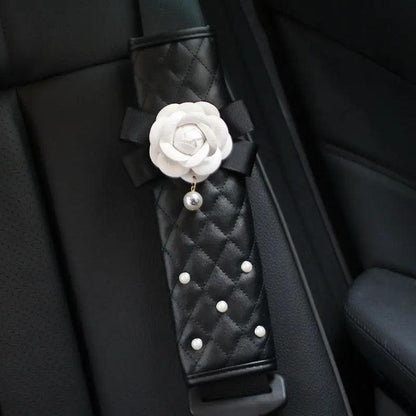 Pearl Camellia Flower Car Seat Belt Shoulder Pad Cover Women Auto