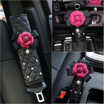 Pearl Camellia Flower Car Seat Belt Shoulder Pad Cover Women Auto