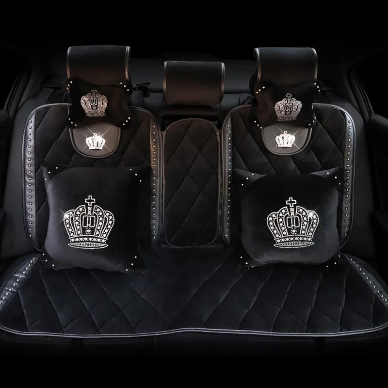 Black Plush Fur Diamond Crystal Crown Car Interior Accessory Set