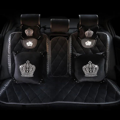 Black Plush Fur Diamond Crystal Crown Car Interior Accessory Set