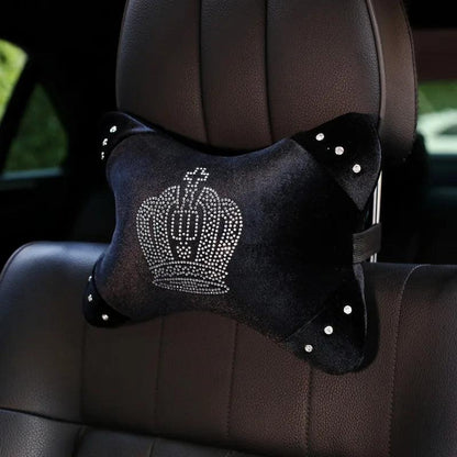 Black Plush Fur Diamond Crystal Crown Car Interior Accessory Set